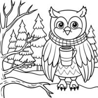 a cheerful owl perched on a tree branch, wearing a scarf, with a cup of tea in its wings and a vector