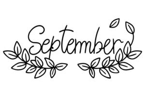 september with simple playful leaves around it, illustration line art vector