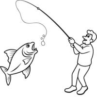 in a dramatic encounter, a fisherman skillfully casts his line, and a colossal fish leaps out of vector