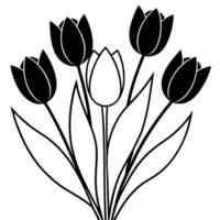 a silhouette of a bunch of tulips with varying heights and petal shapes, illustration line vector