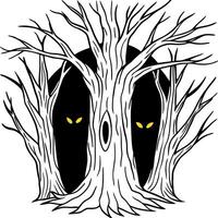 a dark forest with a pair of glowing eyes staring out from a hollow tree fantasy concept , vector