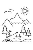 a man is fishing near a lake, around a mountain and a fireplace with trees and the sun and also vector
