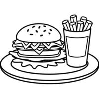 a large hamburger with lettuce and pickles on top of a black plate the burger is surrounded by a vector