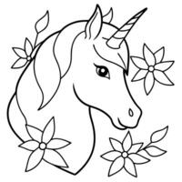 a simple outline of a unicorns head in profile, with a sleek mane and a gracefully curved horn the vector
