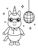 a cute unicorn dressed up for a party, with a hat, glasses and funny clothes, in a hall with a vector