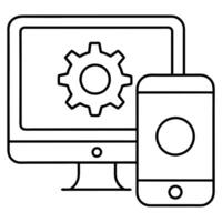 a computer monitor and iphone with a settings gear on top, illustration line art vector