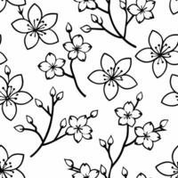 seamless pattern of blossoming cherry tree, illustration line art vector