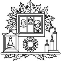 a decorated mantlepiece with a garland of holly, candles, and a framed family photo in front of a vector