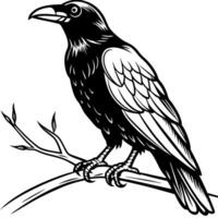 a large raven perches atop a branch, its black feathers and sharp beak making it stand out in the vector