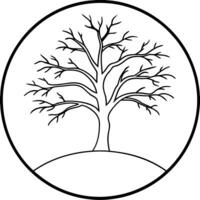 one old tree on right side inside circular outline, minimalistic, black and white, vector