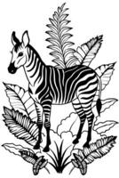 an okapi hidden among large jungle leaves and flowers, showing off its zebra-like legs and unique vector