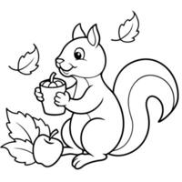 coloring page a squirrel enjoys warm apple cider while sitting in a pile of colorful autumn leaves vector