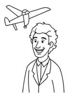 a man scientist is smiling and looking at launching glider plane, illustration line art vector