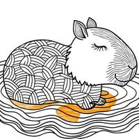 a stylized relax capybara with eyes closed and with an orange on his head, floating in the water vector