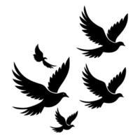silhouettes of birds in various stages of flight, with wings spread wide and tail feathers fanned vector