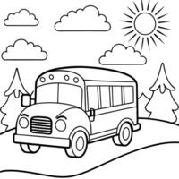 school bus with a smiling face driving along the neighborhood on a sunny day, illustration vector