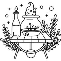 a druids potion table with moss and greenery, illustration line art vector