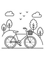 a cute bicycle with a basket on the front, set against a park scene with trees, a few flowers, and vector