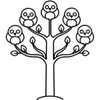 horizontal tree branches with 4 owls on top, illustration line art vector