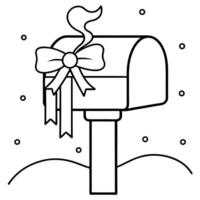 a snow-covered mailbox with a ribbon-wrapped christmas card sticking out, illustration line vector