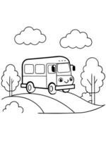 a cheerful school bus with happy faces in the windows, driving along a path lined with trees, vector