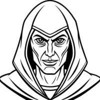 a frightening figure wearing a hood with sinister eyes and an empty face looking towards the camera vector