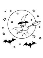 a witch flying on her broomstick across a starry sky with the full moon glowing behind her, bats vector
