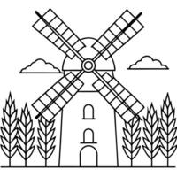 a coloring page only in black and white of a a large windmill with bold, simple lines standing in vector