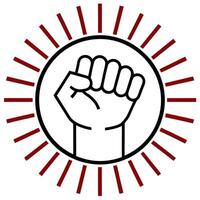 1 may happy labour day label with strong protest fist isolated on red background with rays vector