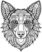an intricate line art illustration of a border collies head filled with detailed patterns and vector