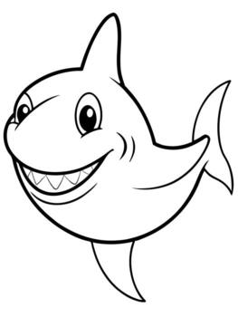 sonriente tiburón negrita contorno negro y blanco lleno visible para niños bueno a color, ilustración vector