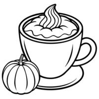 autumn cappuccino coffee in orange cup with latte art on foam with pumpkin on white background, vector