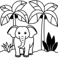 a bold elephant with prominent tusks and large ears, there are available banana trees, holding a vector