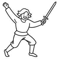 a peasant with a sword rejoices, illustration line art vector