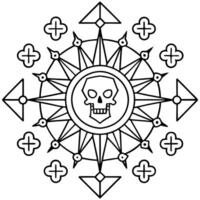 a coloring page of a gothic-style mandala with a central cross surrounded by various occult and vector