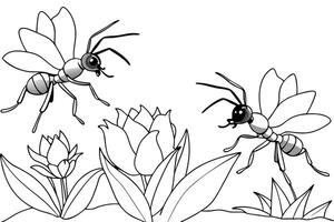 ants on flowers in the garden on blurred defocused background with copy space for text, vector