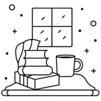 a cozy reading nook with a stack of christmas books, a plush blanket, and a steaming cup of tea, vector