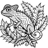 a chameleon blending into the foliage, with detailed leaves and branches, illustration line vector