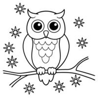 coloring page for kids, bold line art, a winter owl perched on a branch with snowflakes, vector