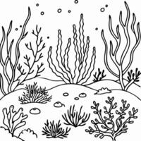realistic, ocean reefs seabed with algae, reefs in the distance, illustration line art vector