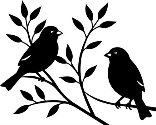 silhouettes of sparrows birds sitting on deciduous tree branches in spring forest,