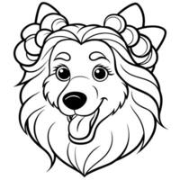 collie dog with curlers on his head smiling with his tongue hanging out, illustration line vector