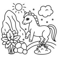a baby unicorn playing with a ball near a sparkling waterfall the unicorn is surrounded by lush vector