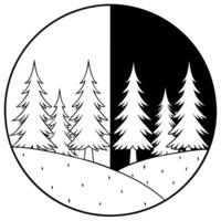 snowy forrest on sides inside circular outline, black and white, illustration line art vector