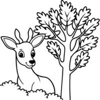 a deer peeking from behind a tree with a small bush next to it, illustration line art vector