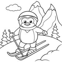 this is for a colouring book page, image of a cute and penguin skiing down a snowy mountain, the vector