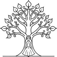 art nouveau tree creating a frame on the top and right sides of the image, and a princess sitting vector