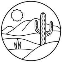 cactus and a desert scene with dunes outline, illustration line art vector