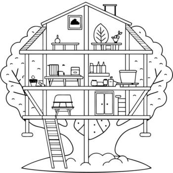 sección transversal ver de un elaborar casa del árbol con diferente habitaciones leyendo rincón, dormido área, minúsculo vector