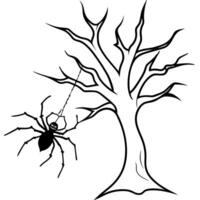 a spider spinning a web on an old, spooky tree, illustration line art vector